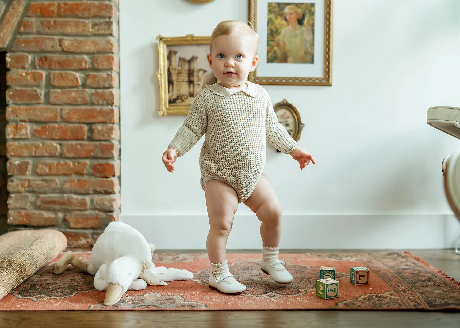 Analogie by Lil Legs Natural Pointelle Collar Knit Romper