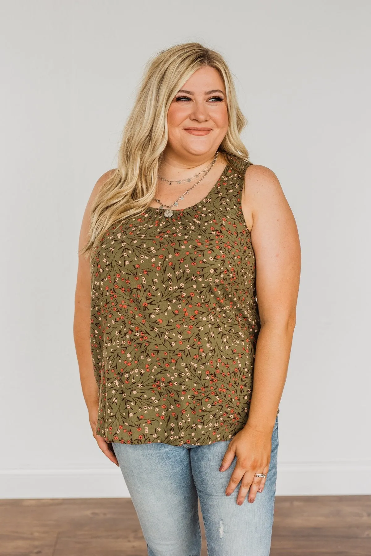 Apple Pie & Autumn Skies Floral Tank Top- Dark Olive