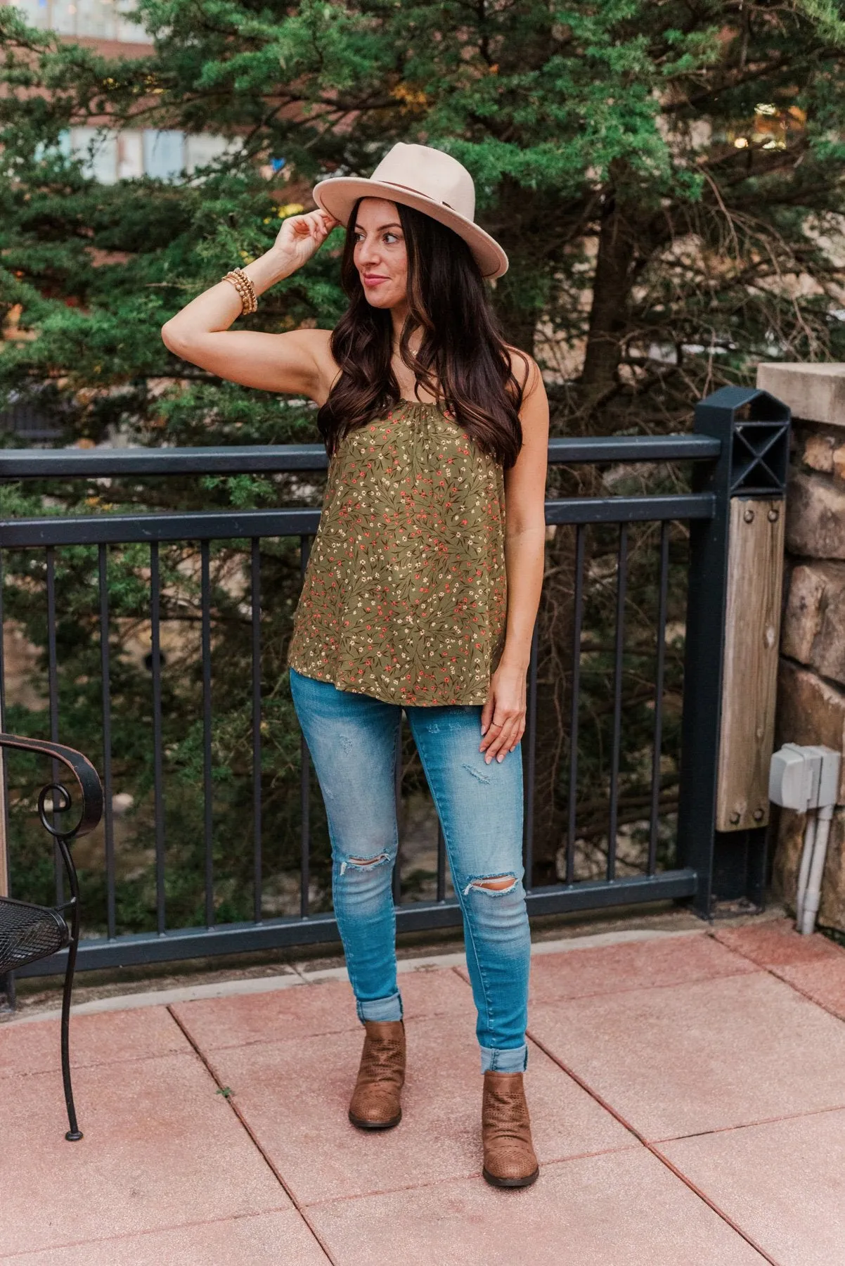 Apple Pie & Autumn Skies Floral Tank Top- Dark Olive