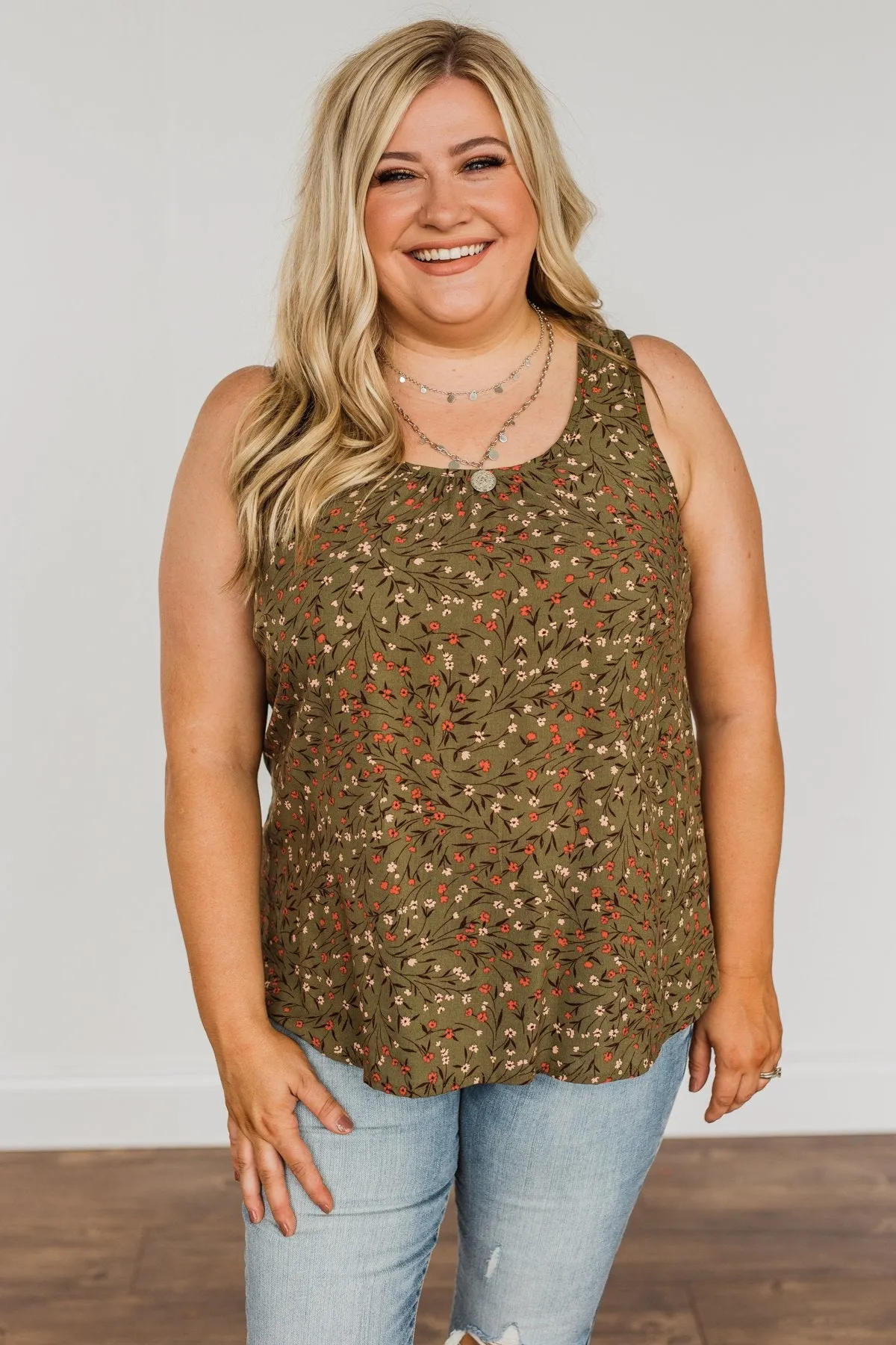 Apple Pie & Autumn Skies Floral Tank Top- Dark Olive