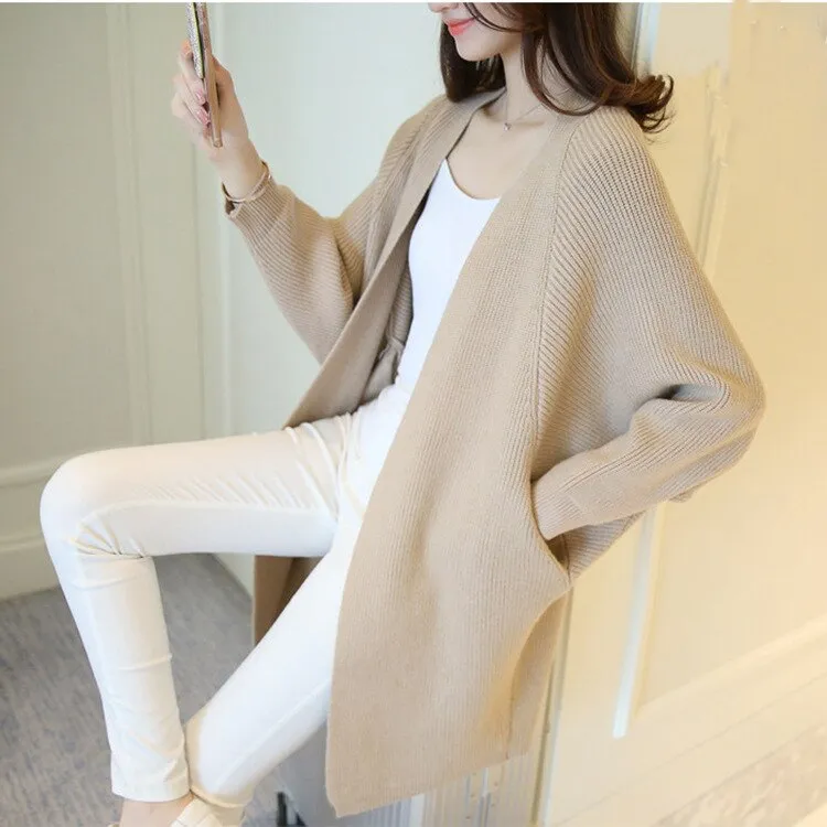 Autumn Women Bat Sleeve Solid Pocket Cardigan Casual Loose Knitted Sweater Coat Streetwear Open Stitch