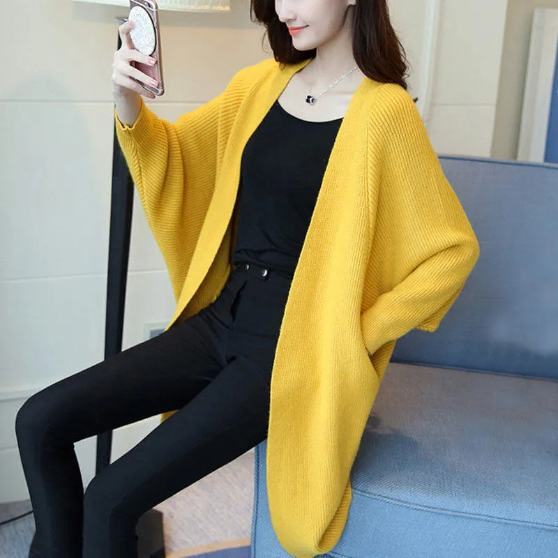 Autumn Women Bat Sleeve Solid Pocket Cardigan Casual Loose Knitted Sweater Coat Streetwear Open Stitch