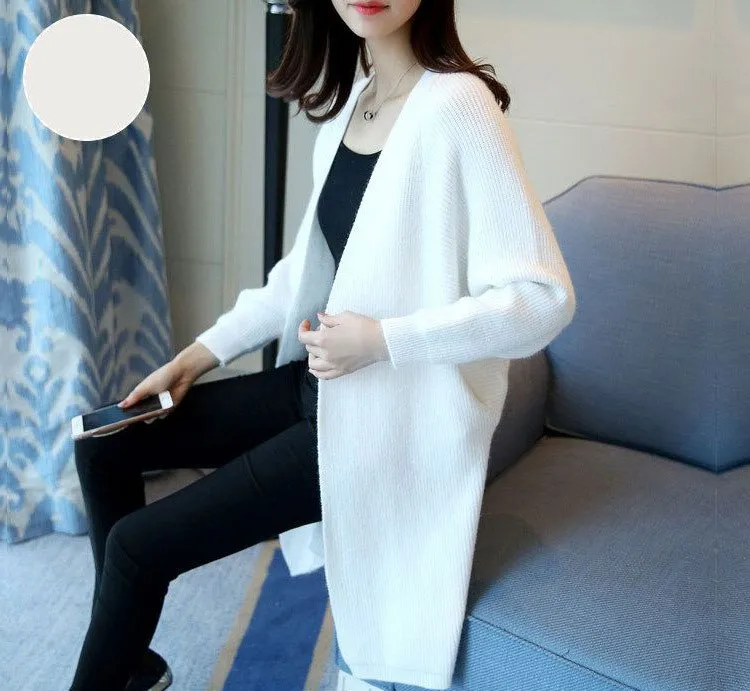 Autumn Women Bat Sleeve Solid Pocket Cardigan Casual Loose Knitted Sweater Coat Streetwear Open Stitch