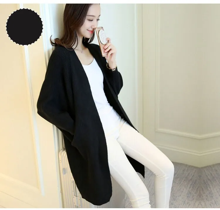 Autumn Women Bat Sleeve Solid Pocket Cardigan Casual Loose Knitted Sweater Coat Streetwear Open Stitch