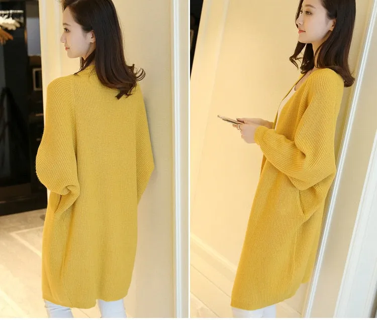 Autumn Women Bat Sleeve Solid Pocket Cardigan Casual Loose Knitted Sweater Coat Streetwear Open Stitch