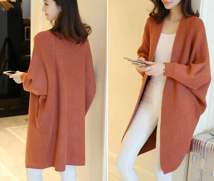 Autumn Women Bat Sleeve Solid Pocket Cardigan Casual Loose Knitted Sweater Coat Streetwear Open Stitch