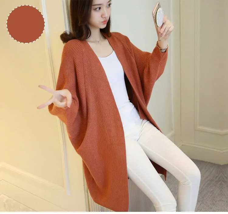 Autumn Women Bat Sleeve Solid Pocket Cardigan Casual Loose Knitted Sweater Coat Streetwear Open Stitch