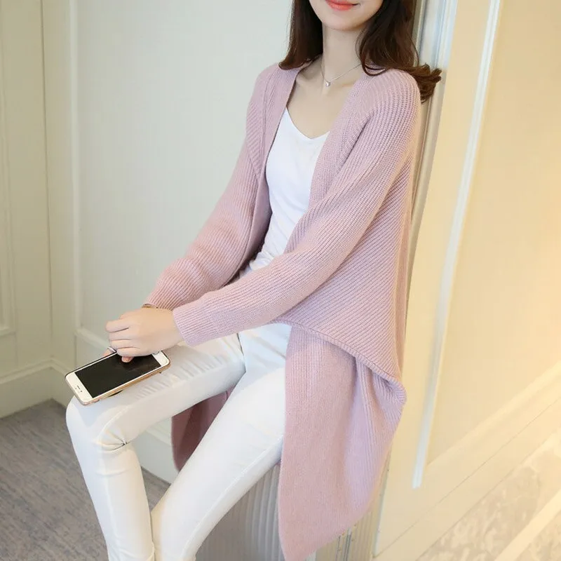 Autumn Women Bat Sleeve Solid Pocket Cardigan Casual Loose Knitted Sweater Coat Streetwear Open Stitch