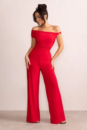 Avery | Red Asymmetric Bardot Ruched Jumpsuit With Wide Leg