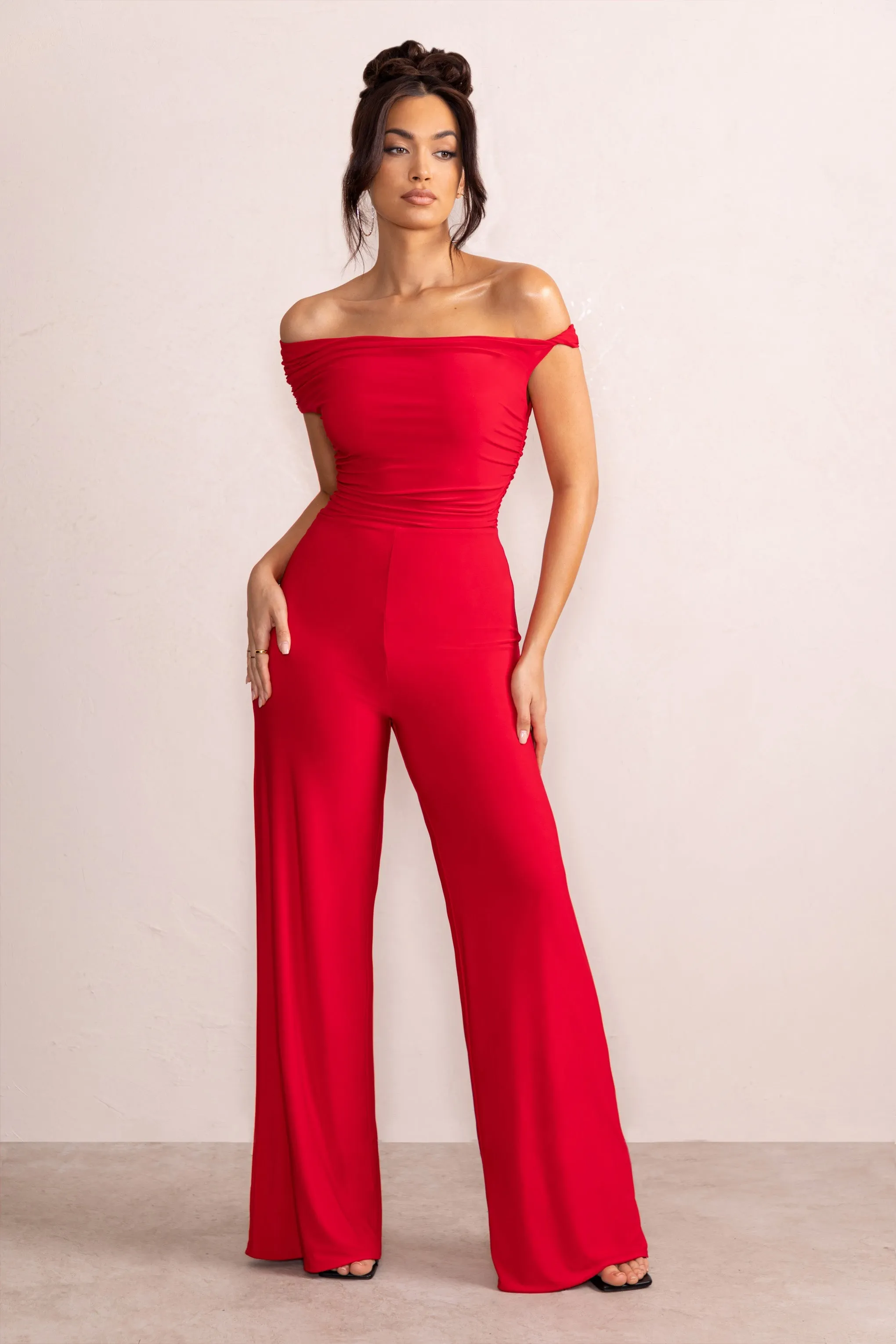 Avery | Red Asymmetric Bardot Ruched Jumpsuit With Wide Leg