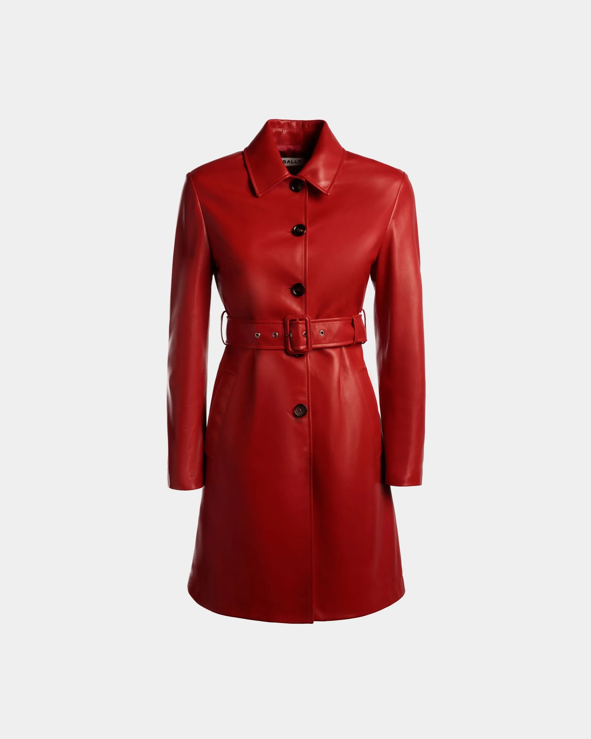 Belted Midi Coat in Candy Red Leather