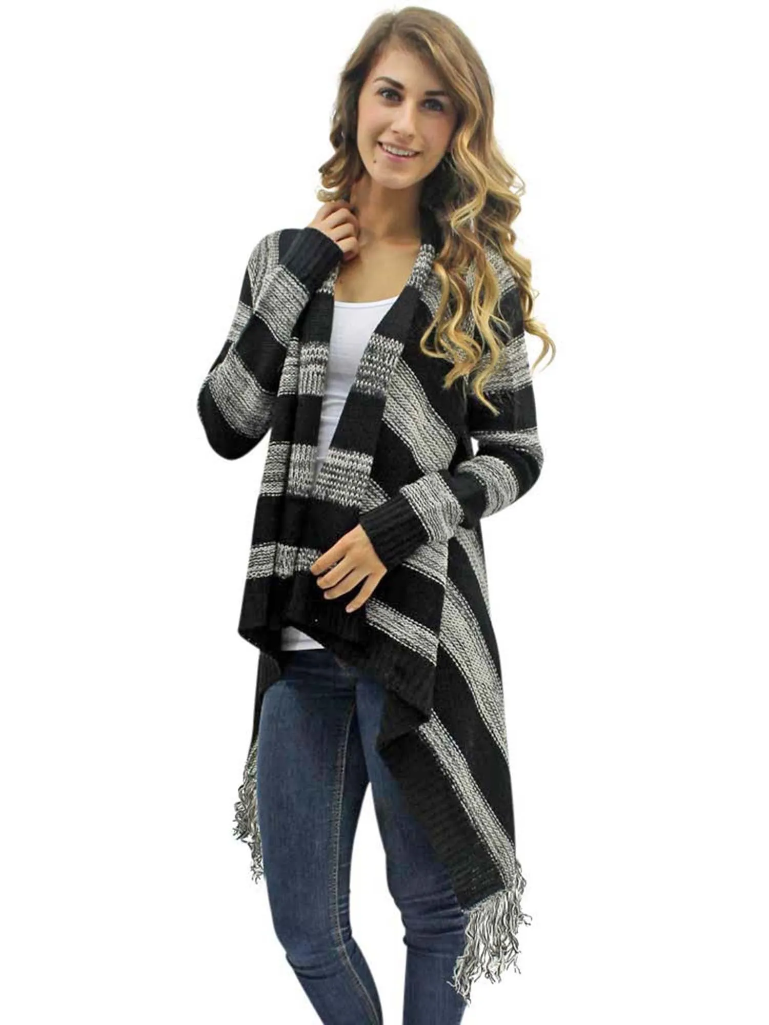 Black & Gray Stripe Fringed Sweater Jacket