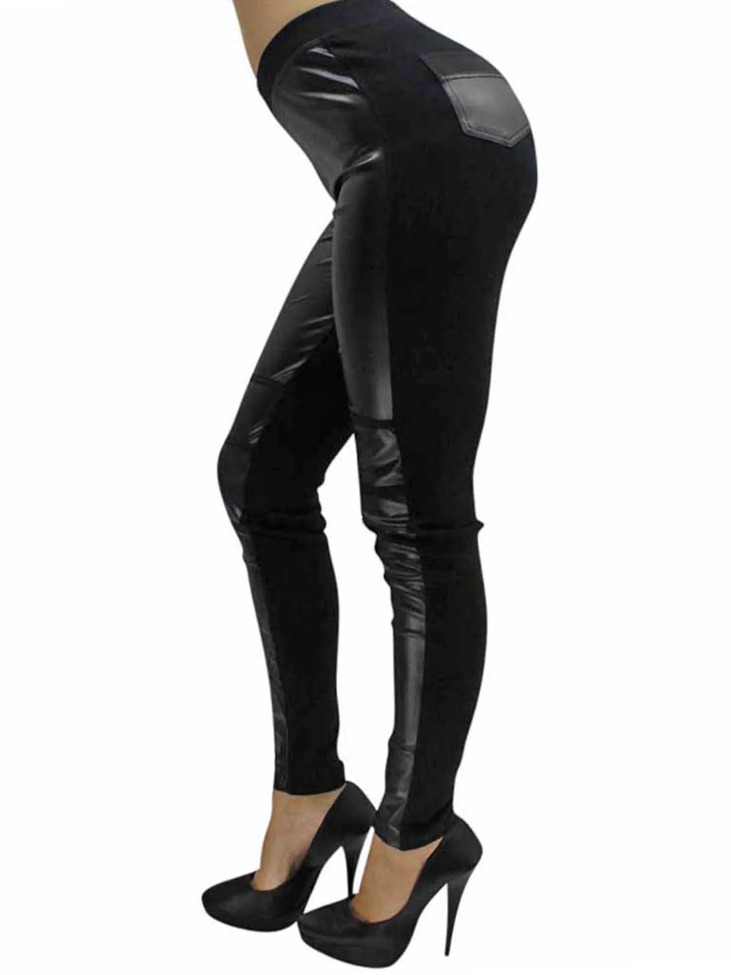 Black Two-Tone Vegan Leather Leggings