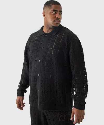 boohooMAN Mens Plus Oversized Long Sleeve Crochet Knit Shirt In Black