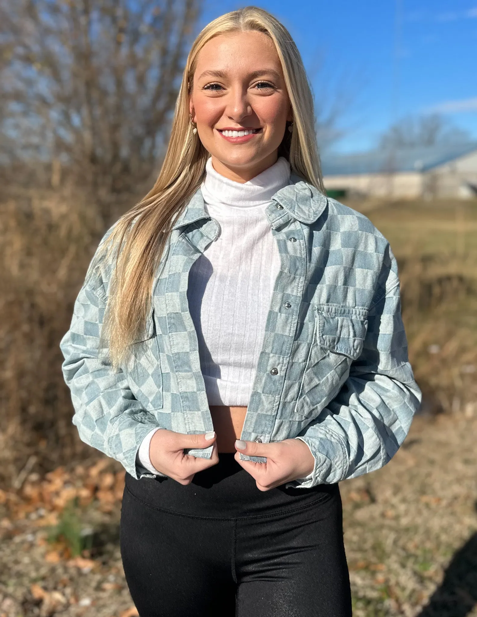 Checkerboard Print Cropped Denim Jacket