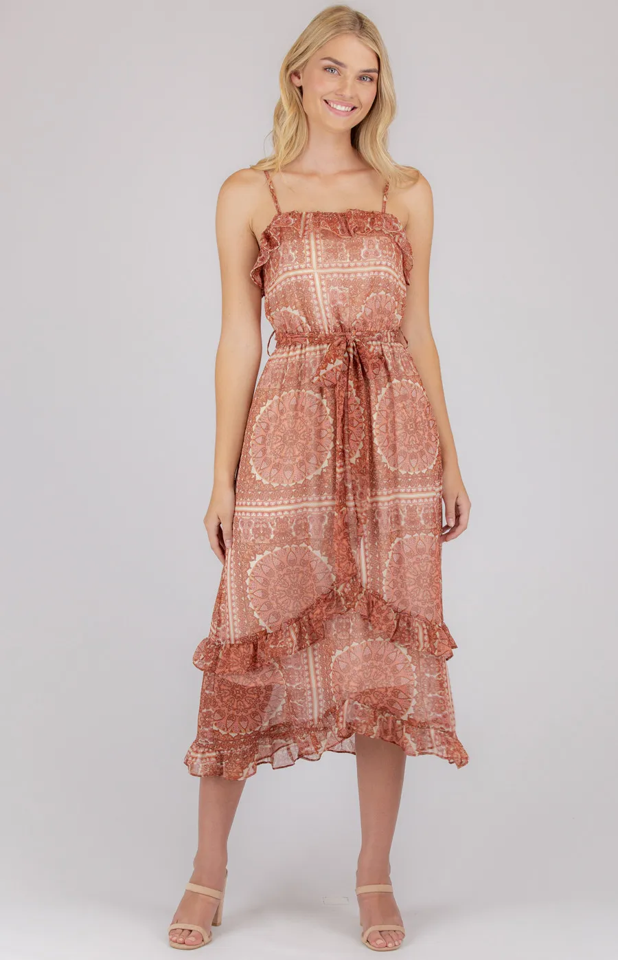 Chiffon Printed Midi Dress with Asymmetric Ruffle Hem (ADR1007B)