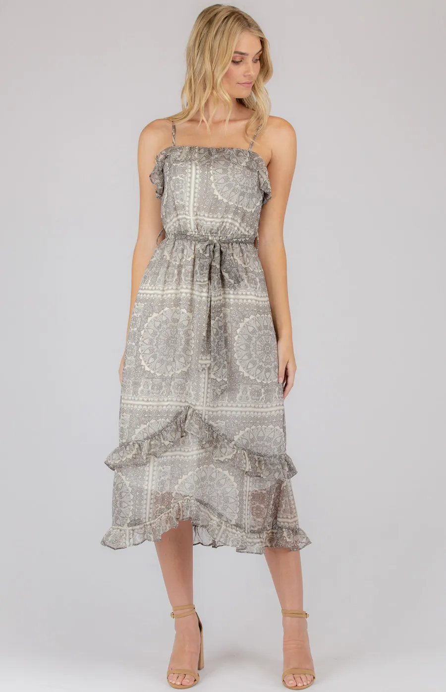 Chiffon Printed Midi Dress with Asymmetric Ruffle Hem (ADR1007B)