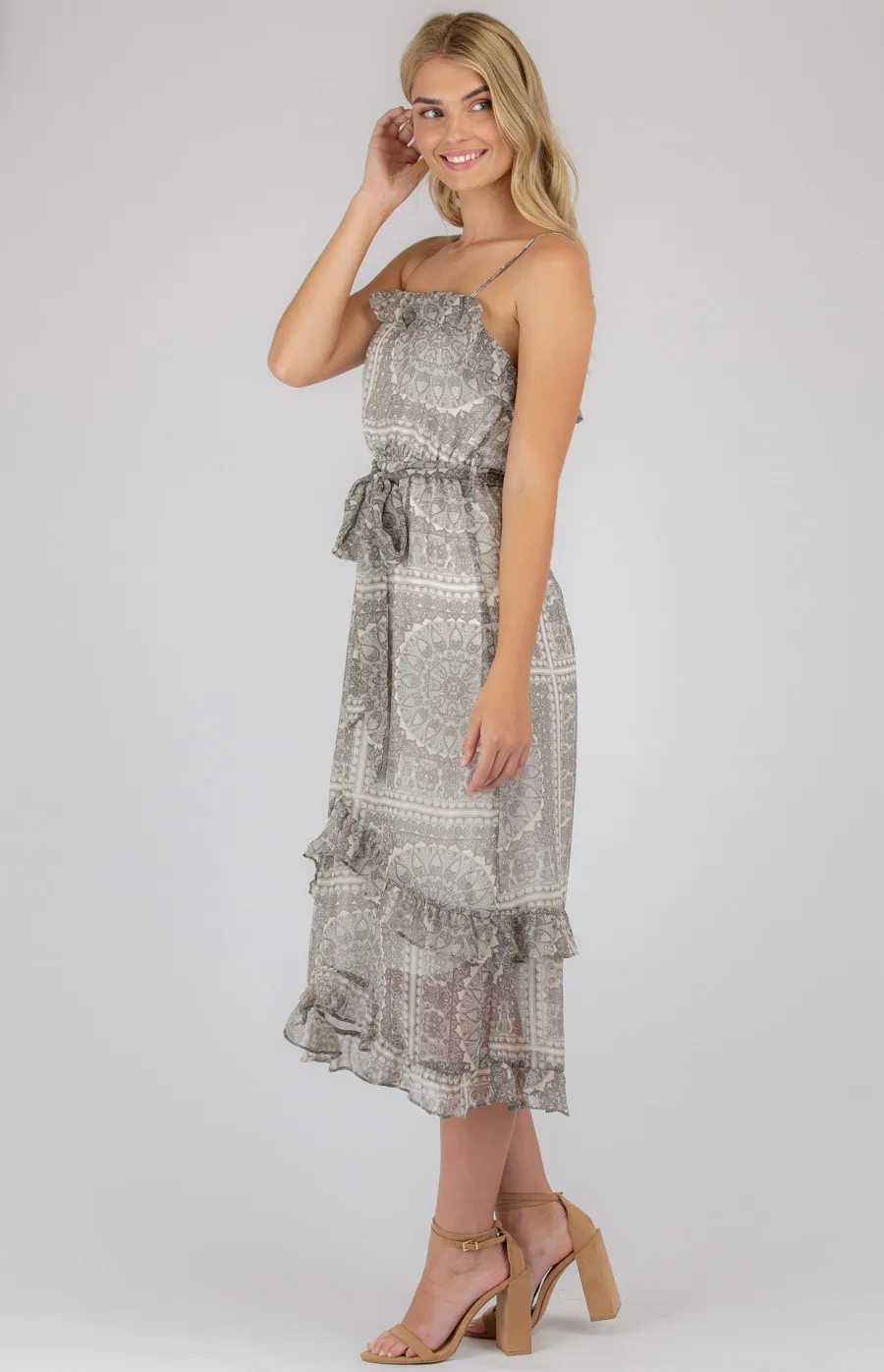 Chiffon Printed Midi Dress with Asymmetric Ruffle Hem (ADR1007B)