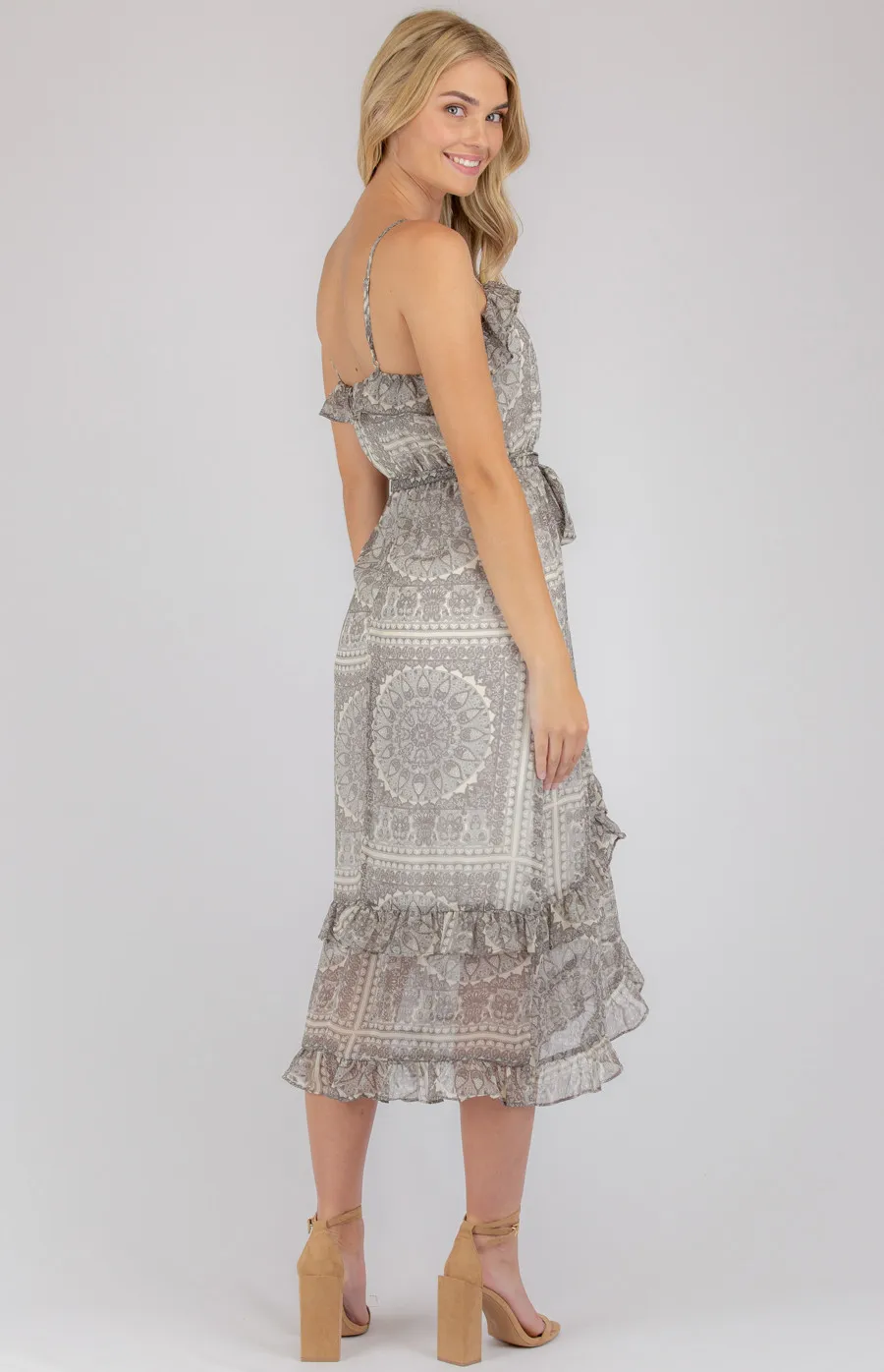 Chiffon Printed Midi Dress with Asymmetric Ruffle Hem (ADR1007B)