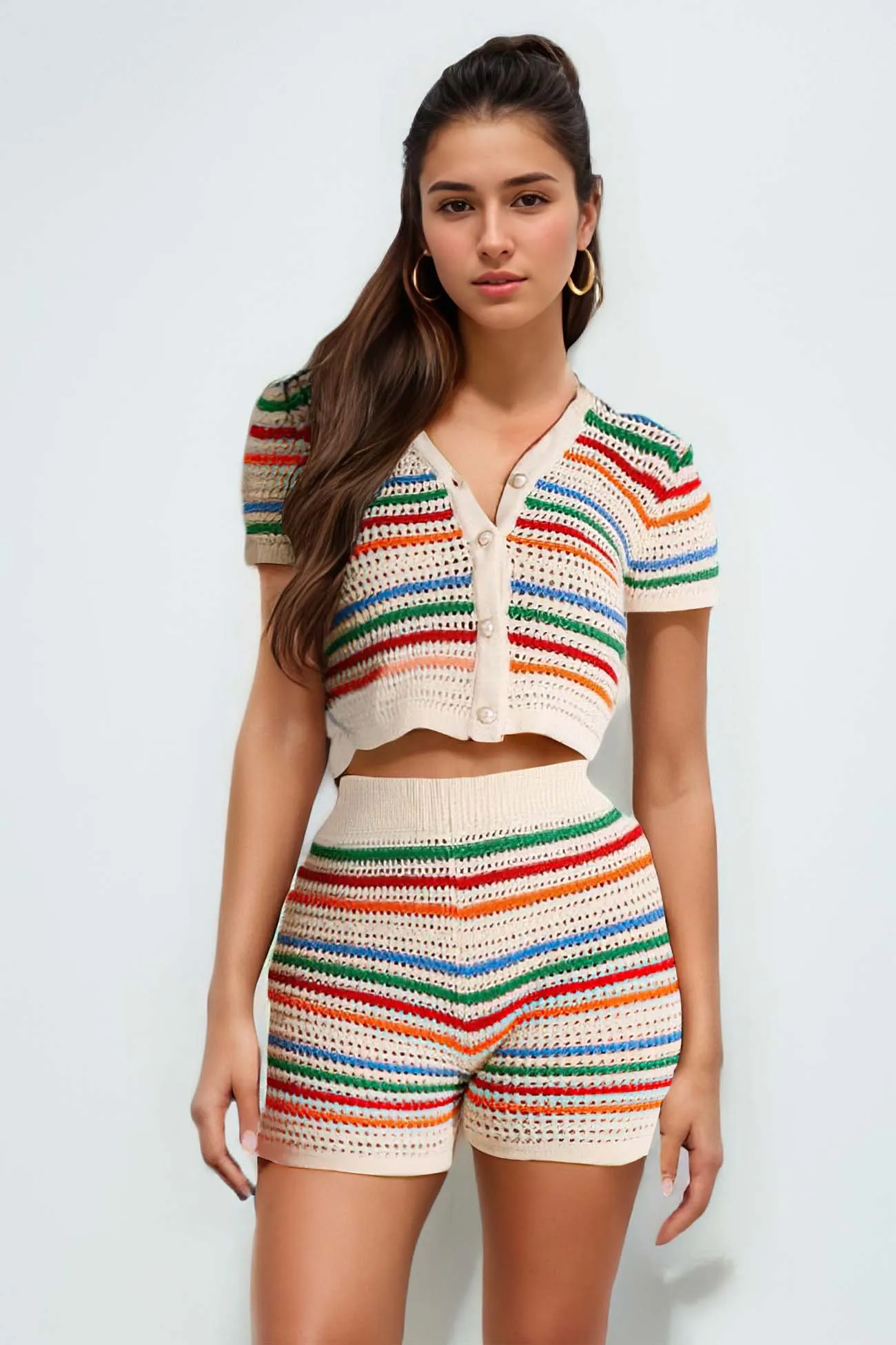 Colorblock Knitted Button Shorts Set