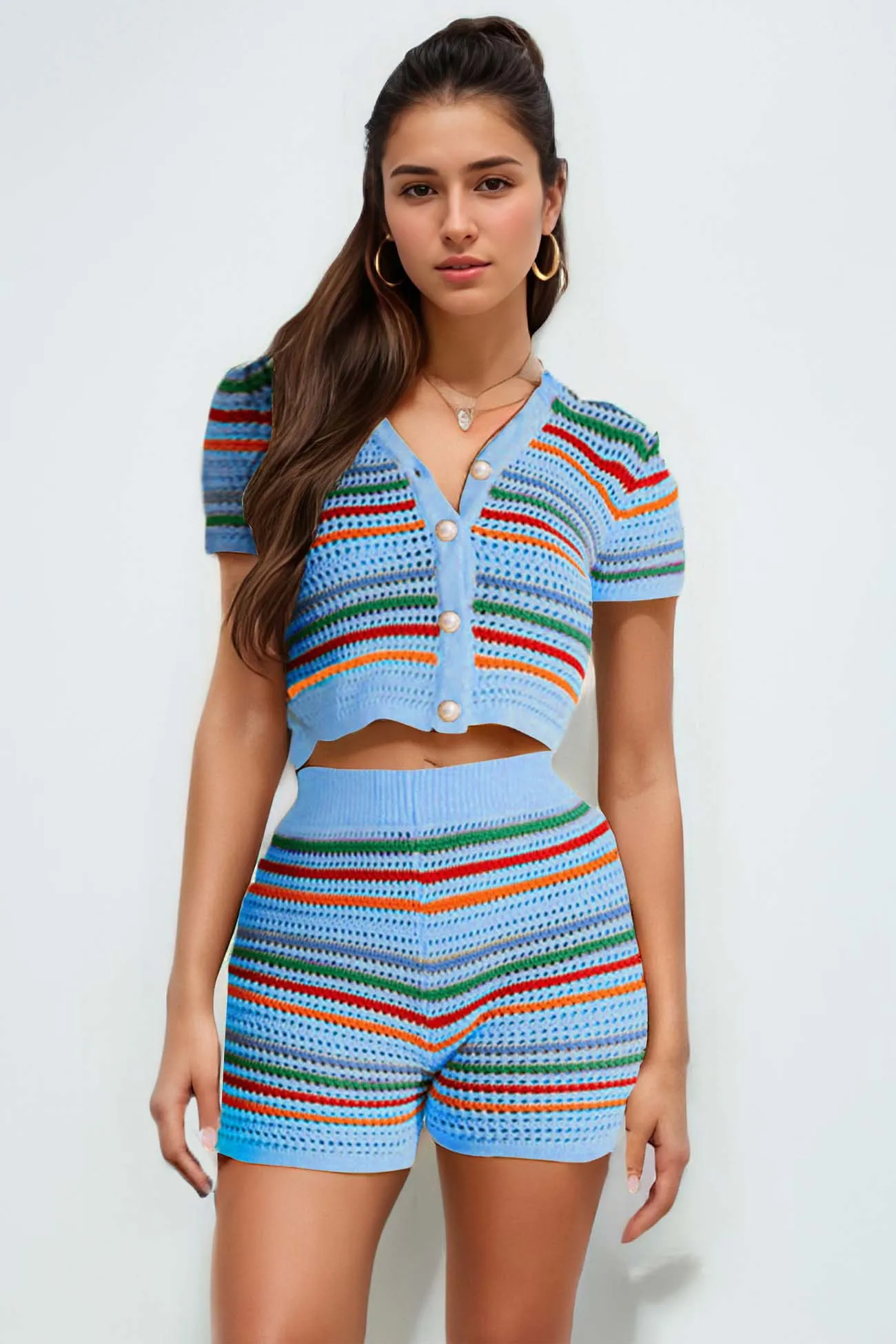 Colorblock Knitted Button Shorts Set