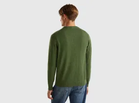 Crew neck sweater in cashmere and wool blend - Olive Green | Benetton