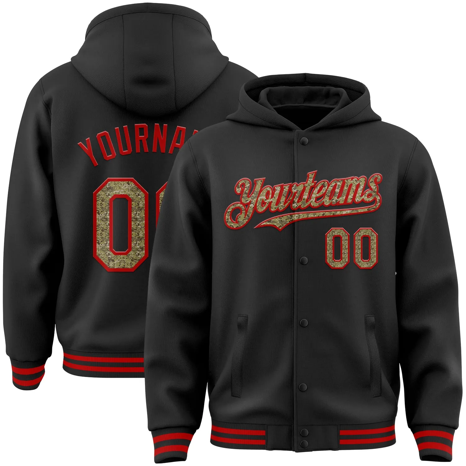 Custom Black Camo-Red Bomber Full-Snap Varsity Letterman Hoodie Jacket