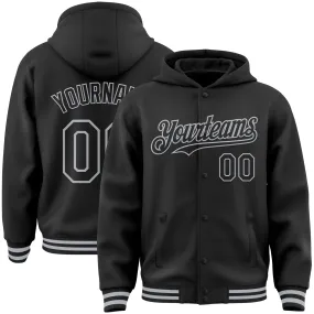 Custom Black Gray Bomber Full-Snap Varsity Letterman Hoodie Jacket