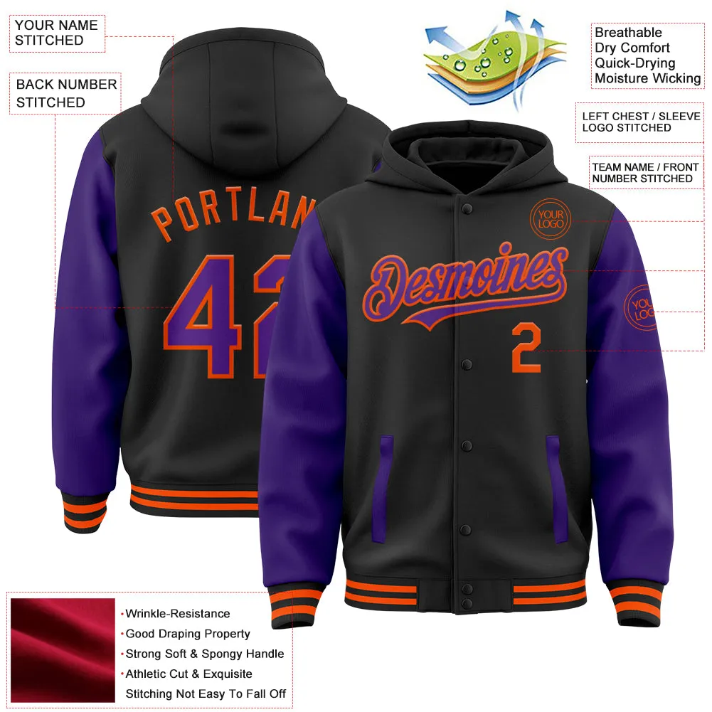 Custom Black Purple-Orange Bomber Full-Snap Varsity Letterman Two Tone Hoodie Jacket