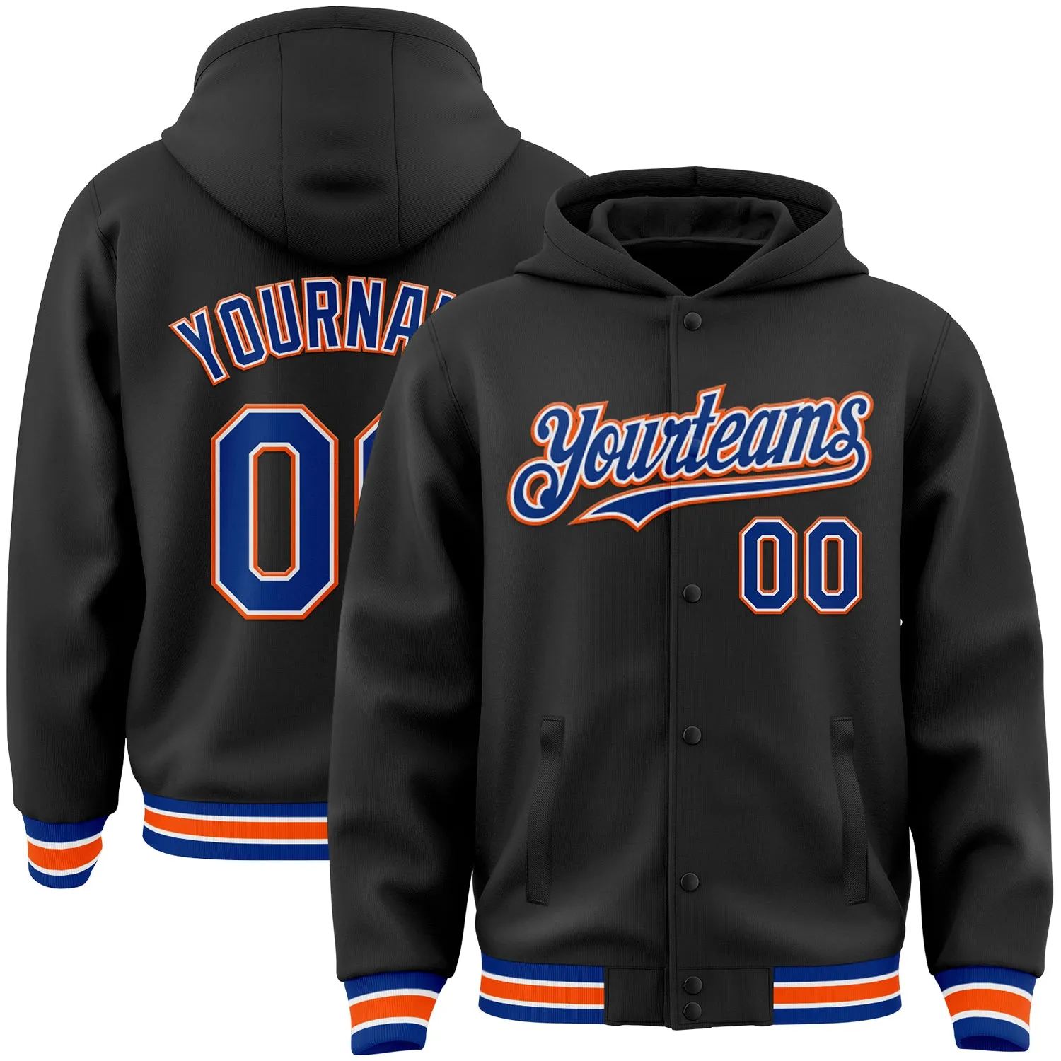 Custom Black Royal-Orange Bomber Full-Snap Varsity Letterman Hoodie Jacket