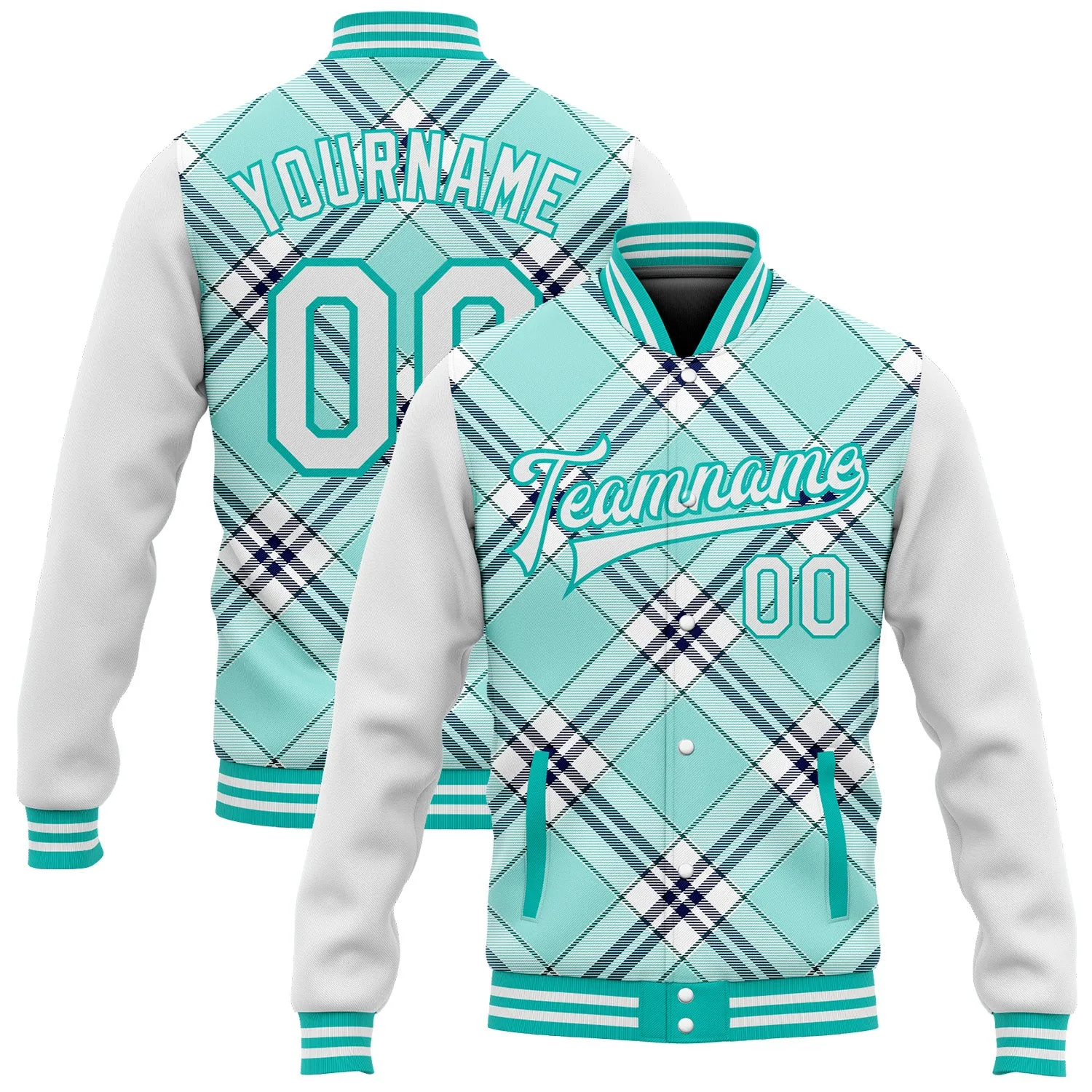 Custom Ice Blue Aqua-Navy Check Board 3D Pattern Design Bomber Full-Snap Varsity Letterman Jacket