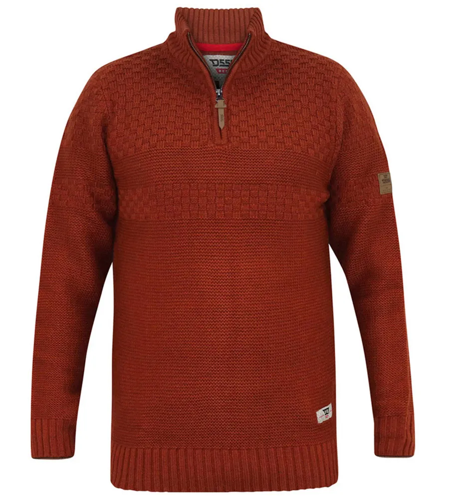 D555 Big Mens Rust Jacquard Knitted Jumper With 1/4 Zip (KELTON)