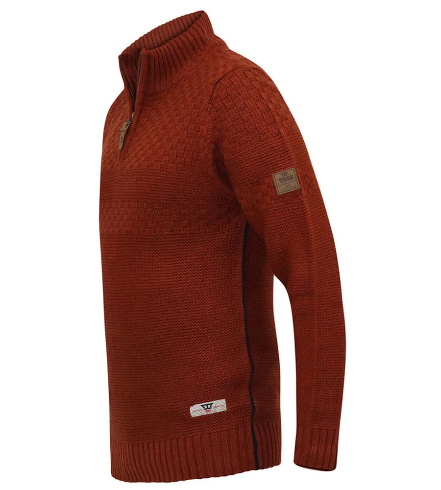 D555 Big Mens Rust Jacquard Knitted Jumper With 1/4 Zip (KELTON)