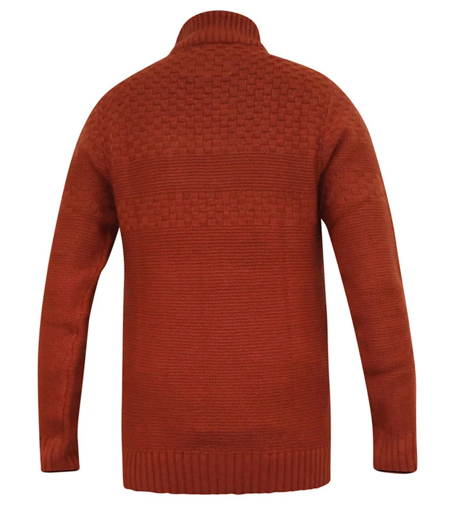 D555 Big Mens Rust Jacquard Knitted Jumper With 1/4 Zip (KELTON)