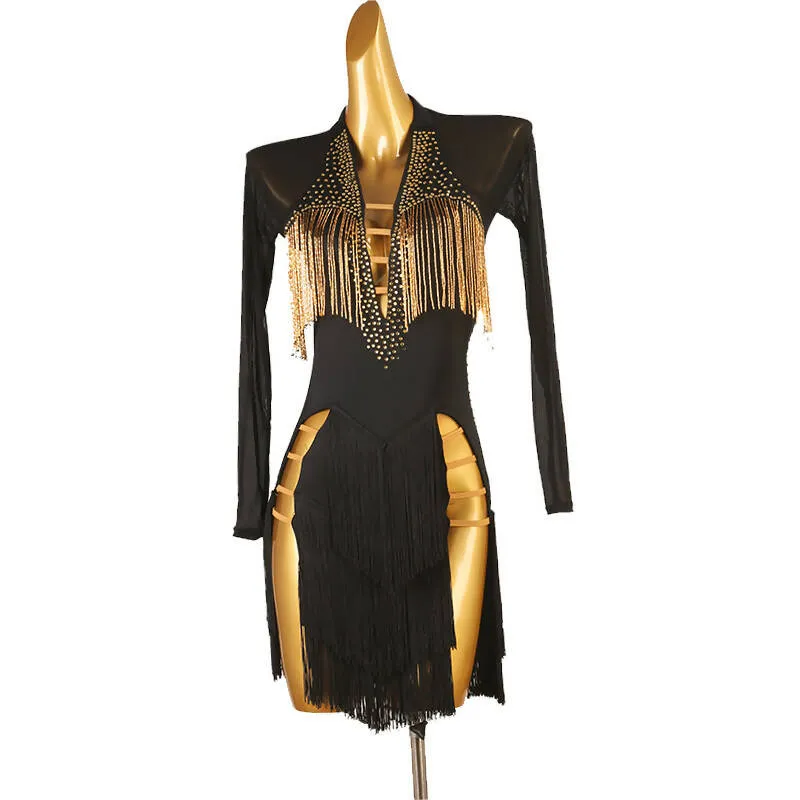 Elegant Gold Black Fringe Latin Dress | LQ298