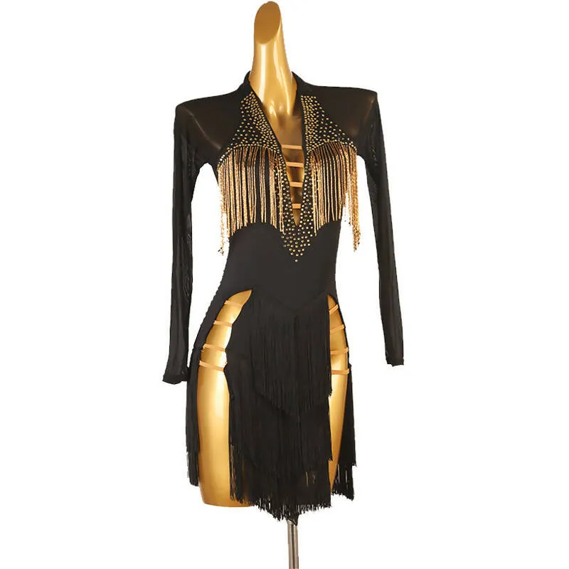 Elegant Gold Black Fringe Latin Dress | LQ298