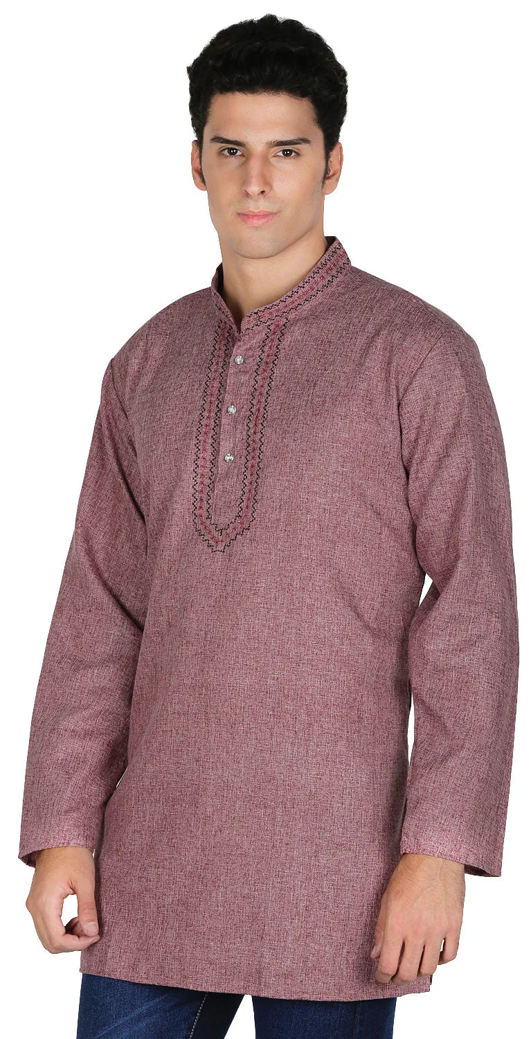 Embroidered Cotton Mens Short Kurta Shirt India Clothes (Maroon)