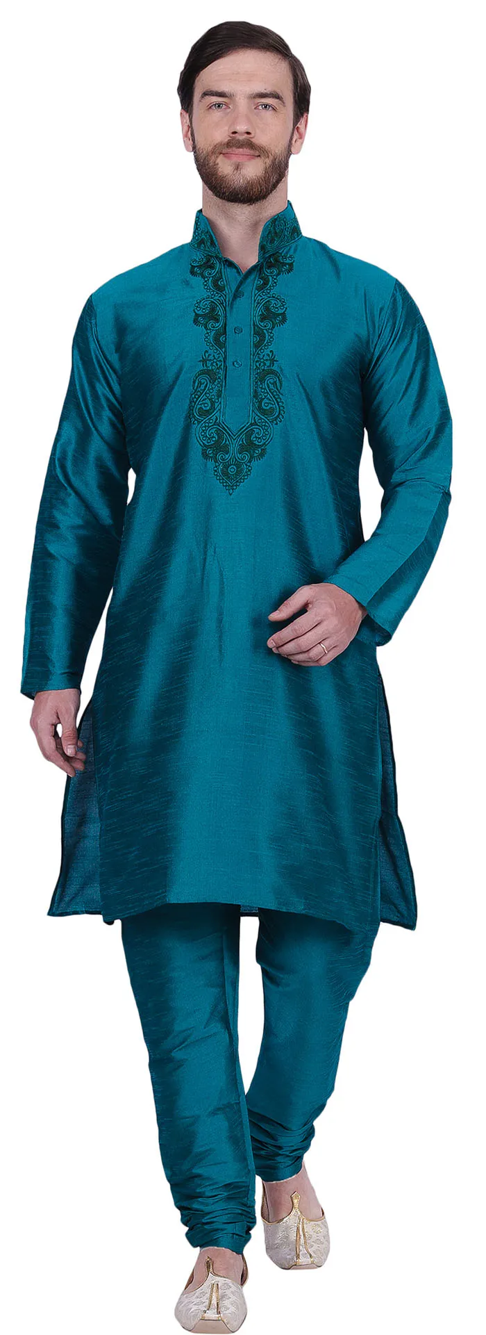 Embroidered Silk Mens Kurta Pyjama Indian Clothes (Turquoise)