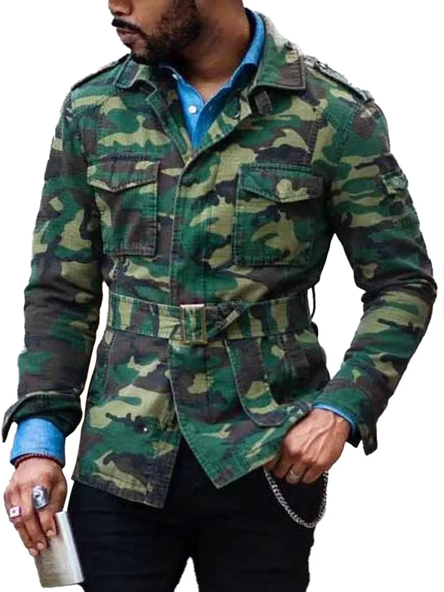 Fashion Camouflage Pattern Chest Pocket Button Belt Jacket