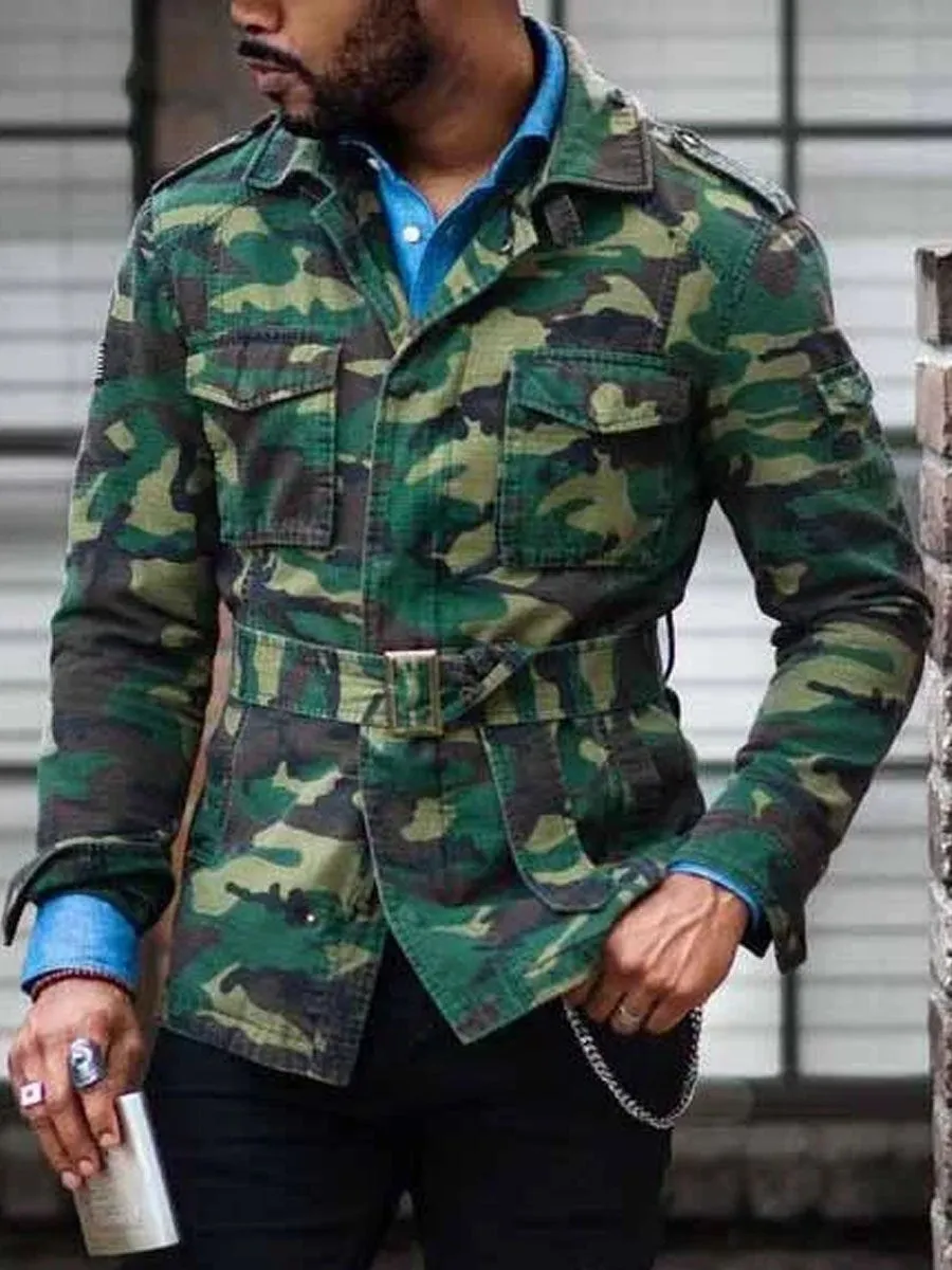 Fashion Camouflage Pattern Chest Pocket Button Belt Jacket