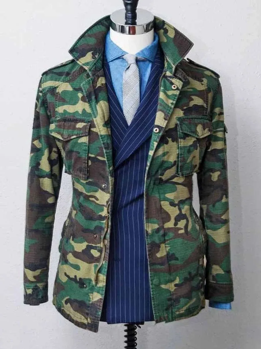 Fashion Camouflage Pattern Chest Pocket Button Belt Jacket