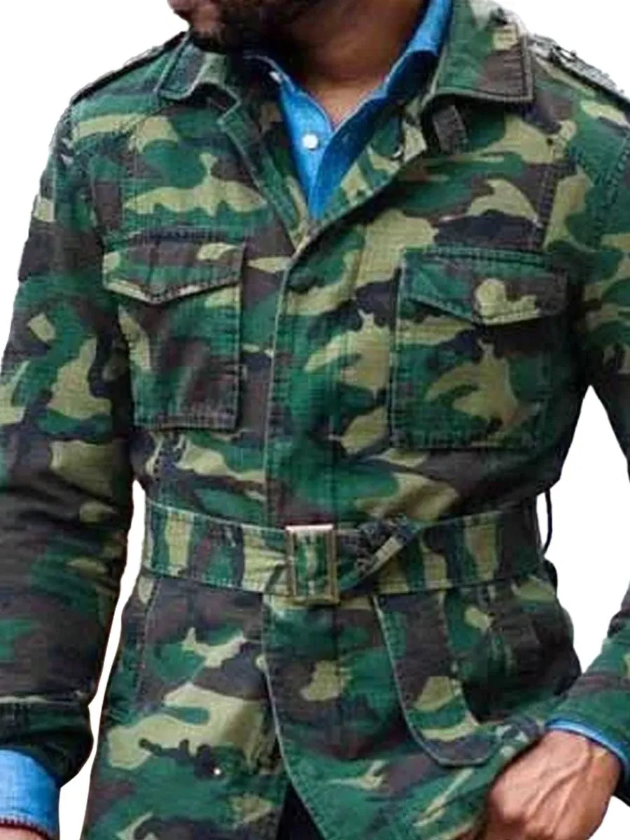 Fashion Camouflage Pattern Chest Pocket Button Belt Jacket