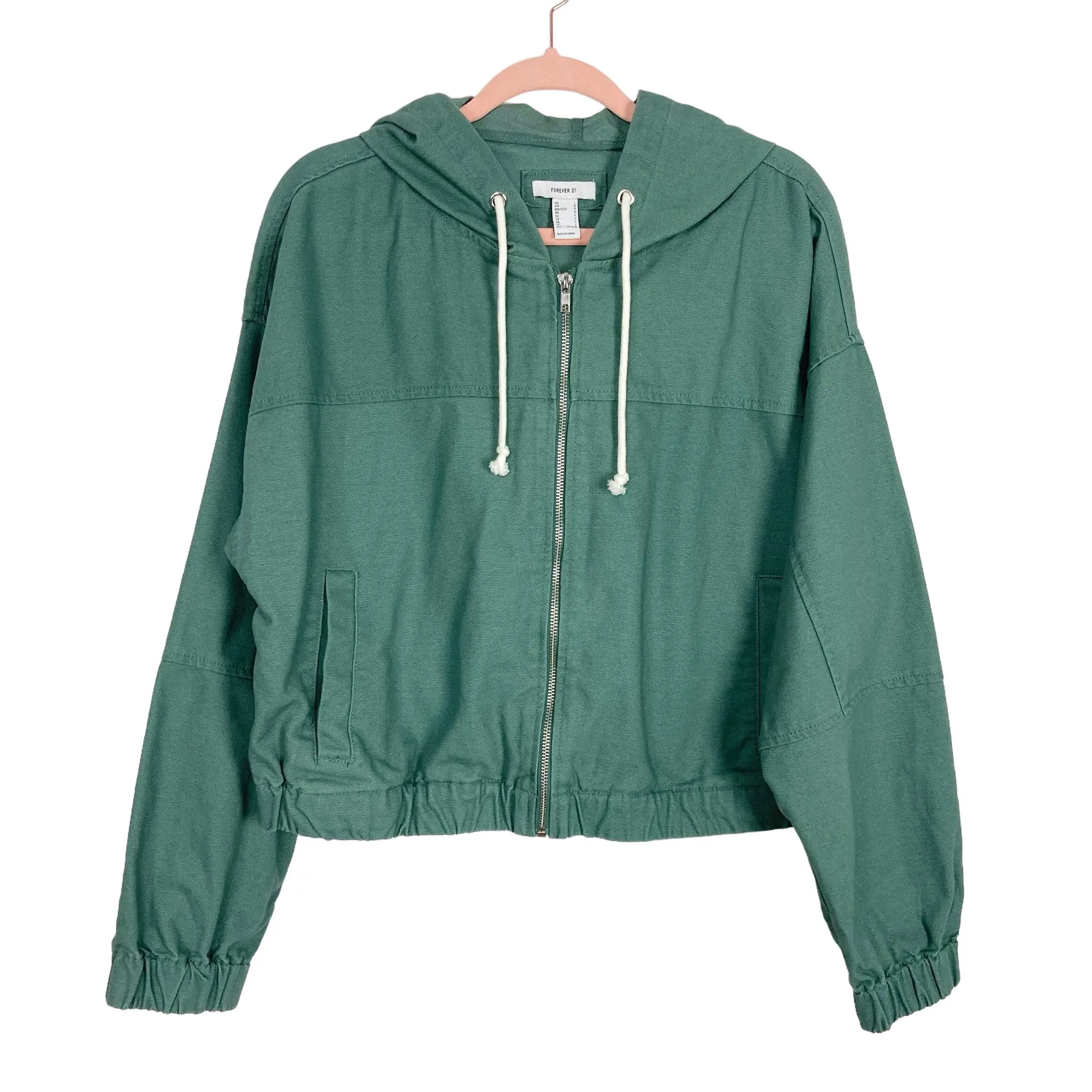 Forever21 Green Canvas Zip-Up Hooded Jacket- Size L (sold out online)