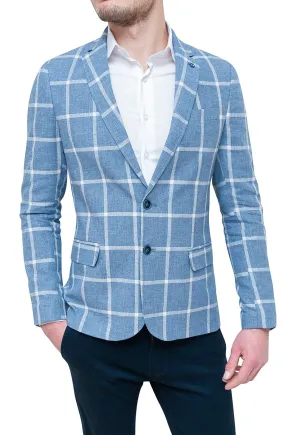 GIACCA BLAZER UOMO SARTORIALE CELESTE IN LINO FANTASIA QUADRI FORMALE ELEGANTE