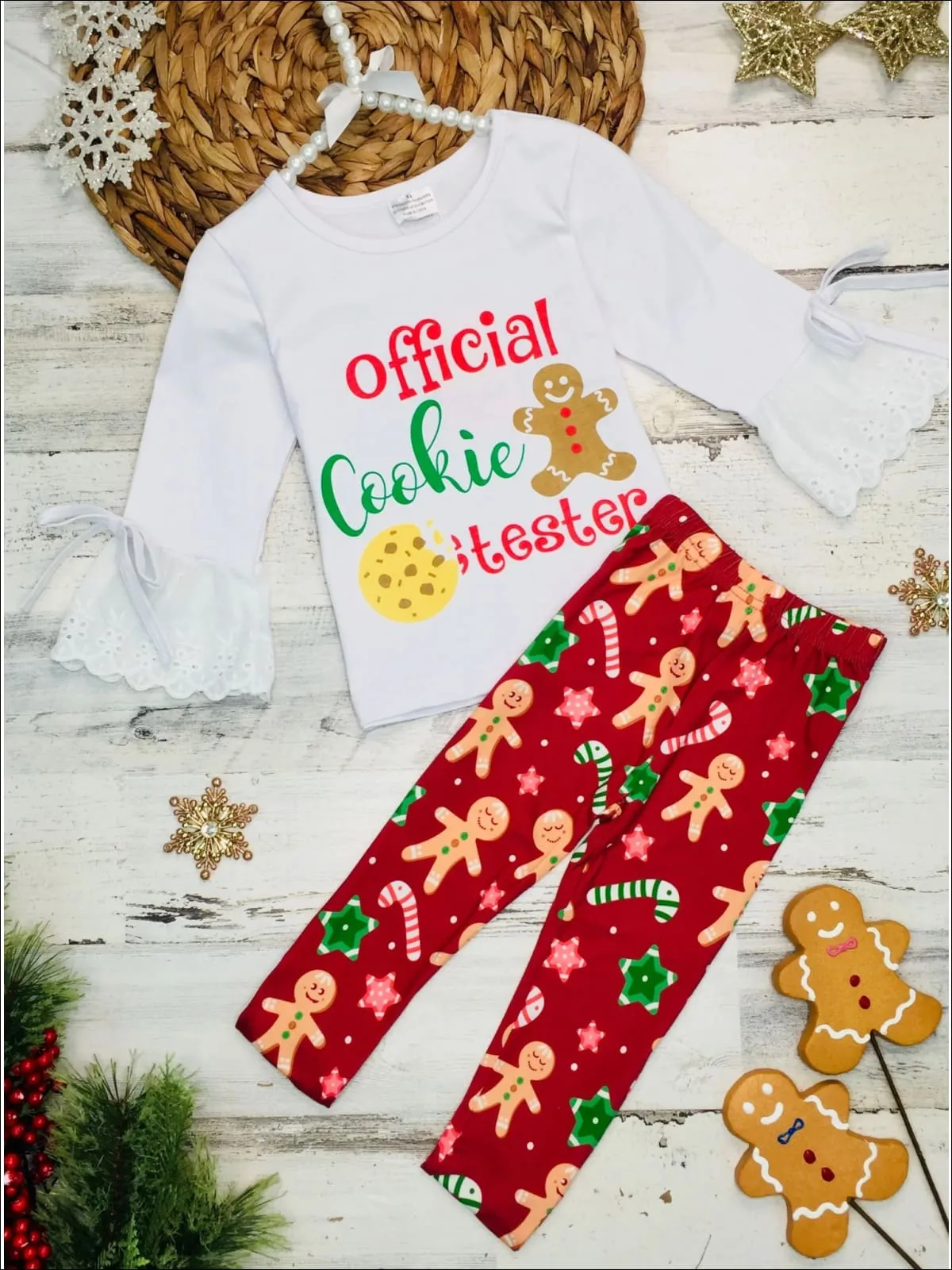 Girls Long Lace Bell Sleeve Official Cookie Tester Top And Gingerbread Print Legging Set