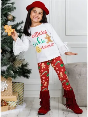 Girls Long Lace Bell Sleeve Official Cookie Tester Top And Gingerbread Print Legging Set