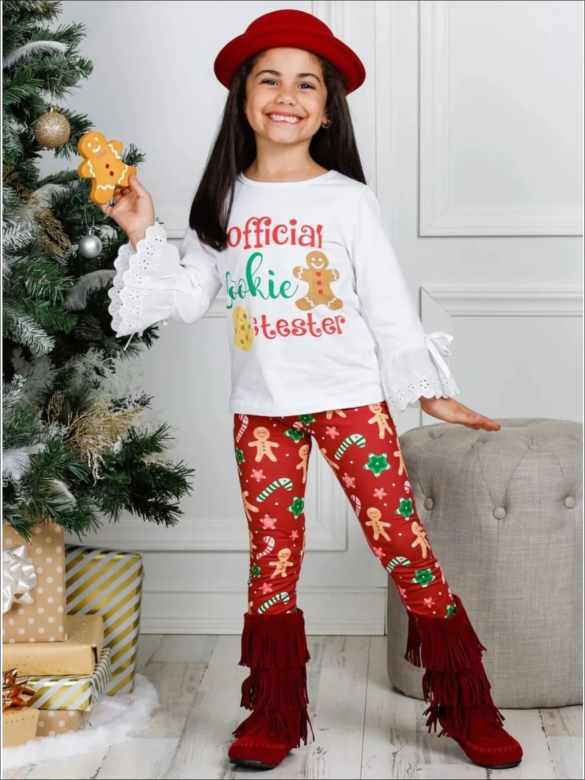 Girls Long Lace Bell Sleeve Official Cookie Tester Top And Gingerbread Print Legging Set