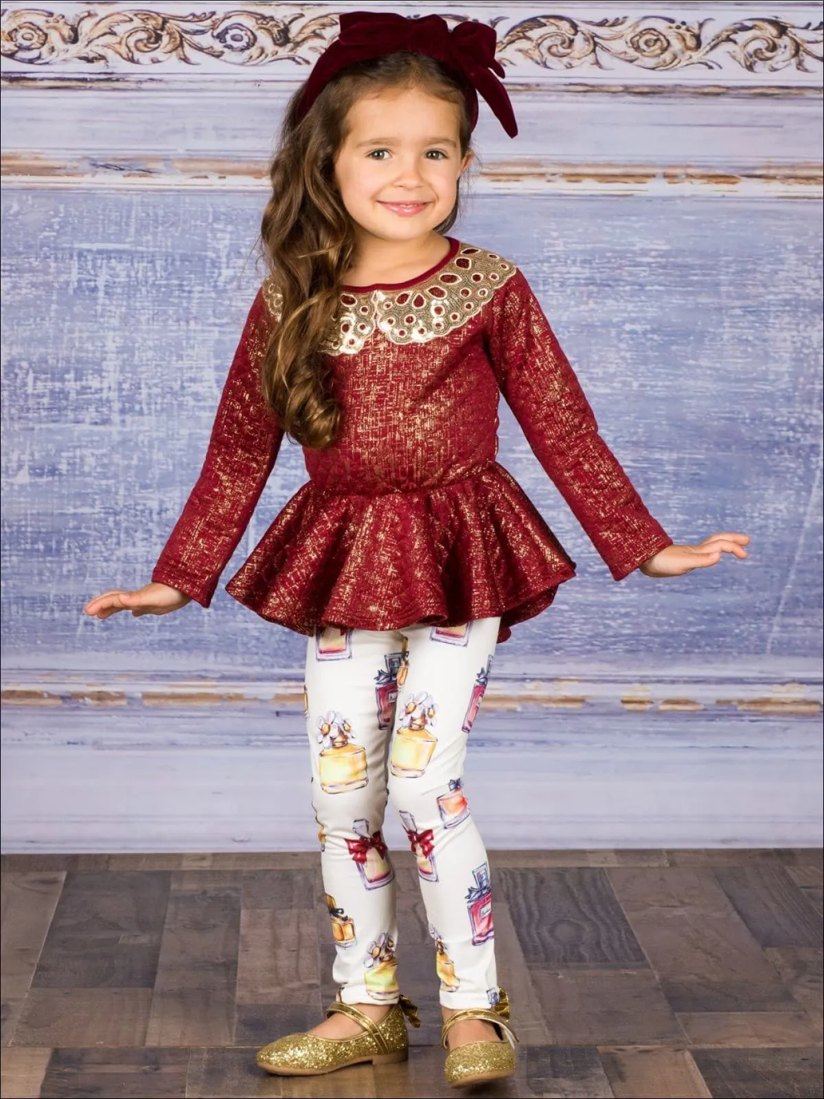 Girls Long Sleeve Peplum Bow Top And Matching Legging Set