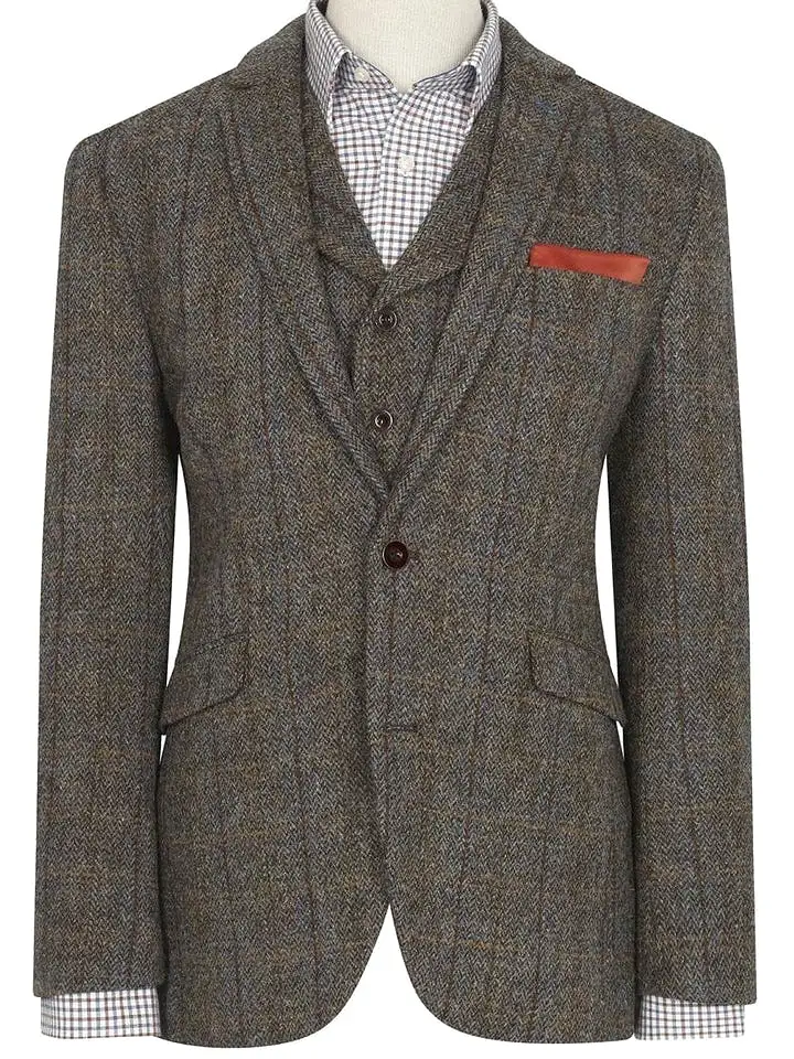 Harris tweed Sumburgh sports jacket - mid brown herringbone with blue and tan over check