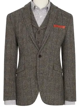 Harris tweed Sumburgh sports jacket - mid brown herringbone with blue and tan over check